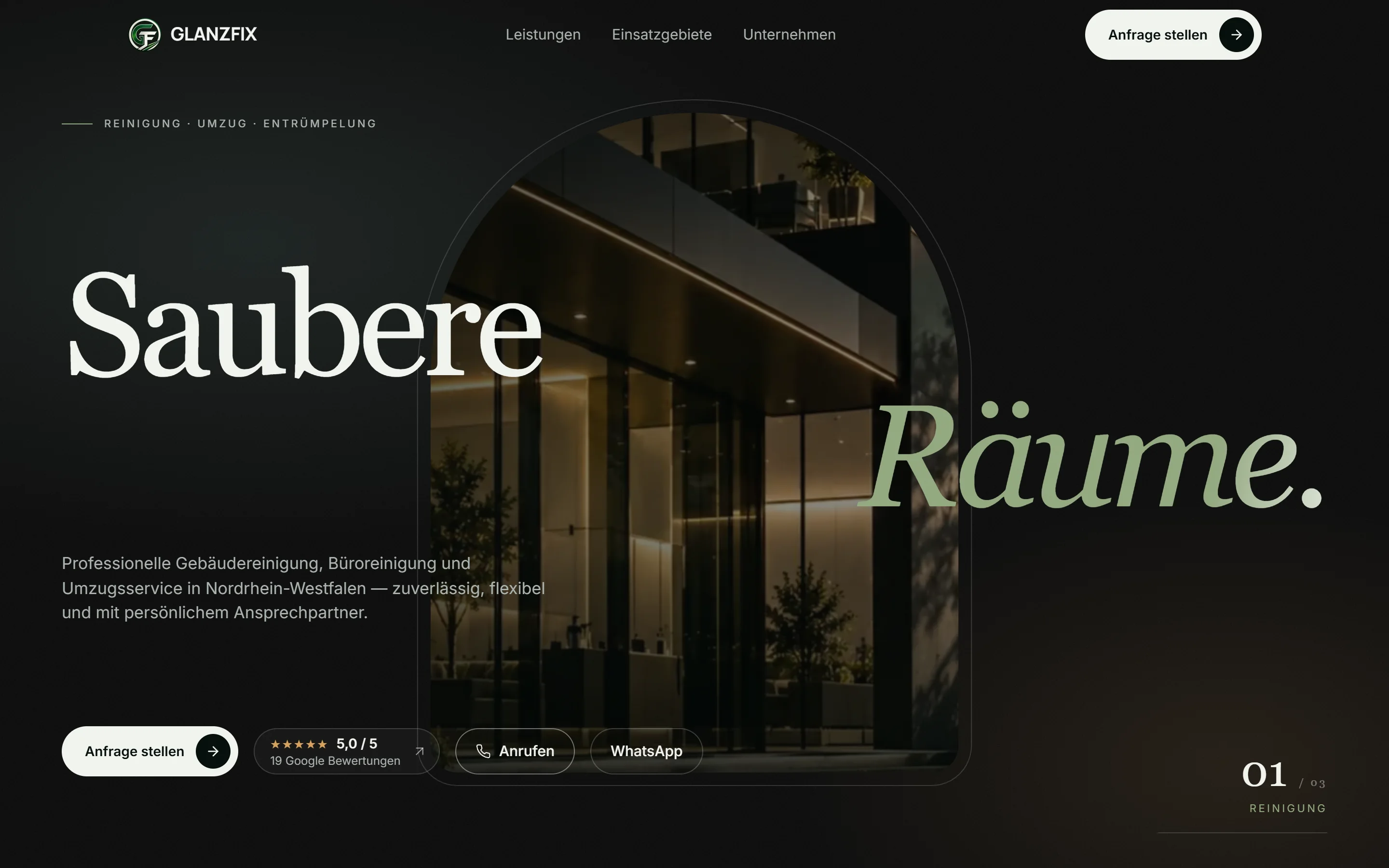 Startseite der Website glanzfix-reinigung.de